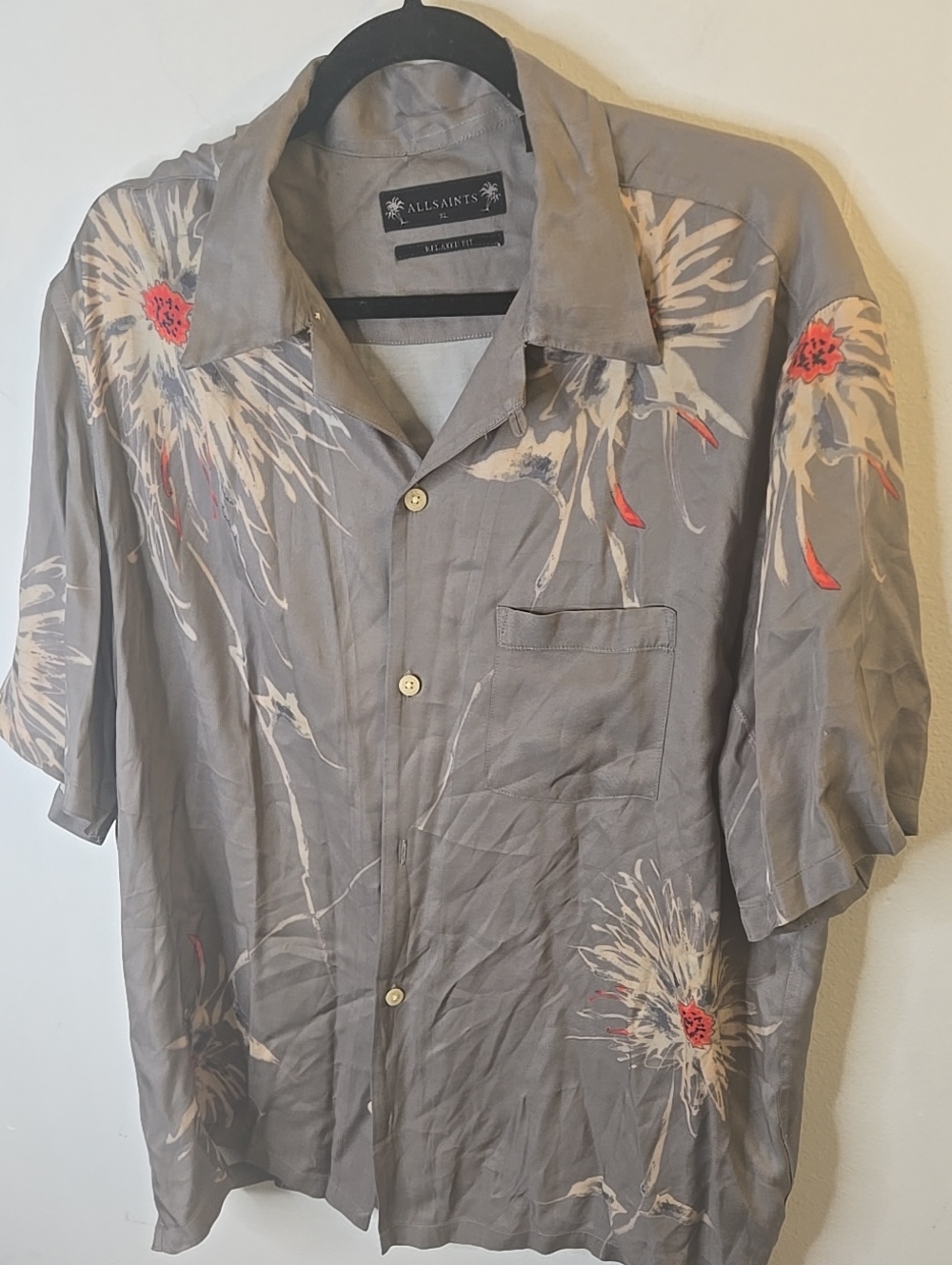 All Saints Gray Floral Short Sleeve Button-Down Shirt with Red Accents - Picture 3 of 7